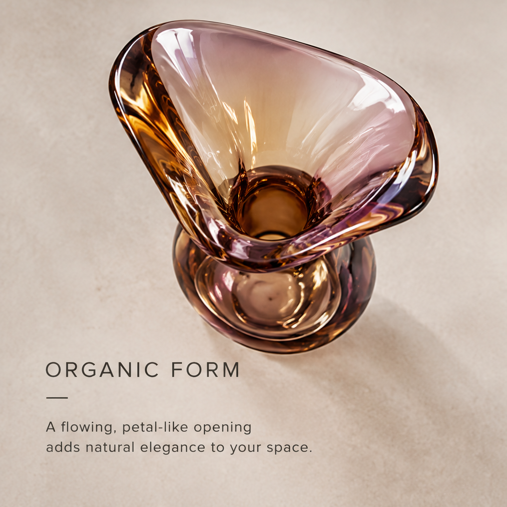 Organic form overhead view of amber violet glass flared vase showing flowing petal-like opening adding natural elegance