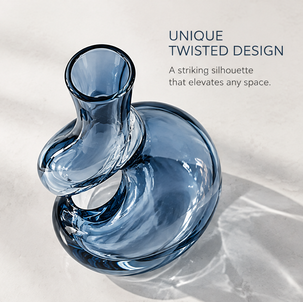 Artistic design close-up of ocean blue glass twist knot vase showing unique shape, modern aesthetic, and elevates any room icons