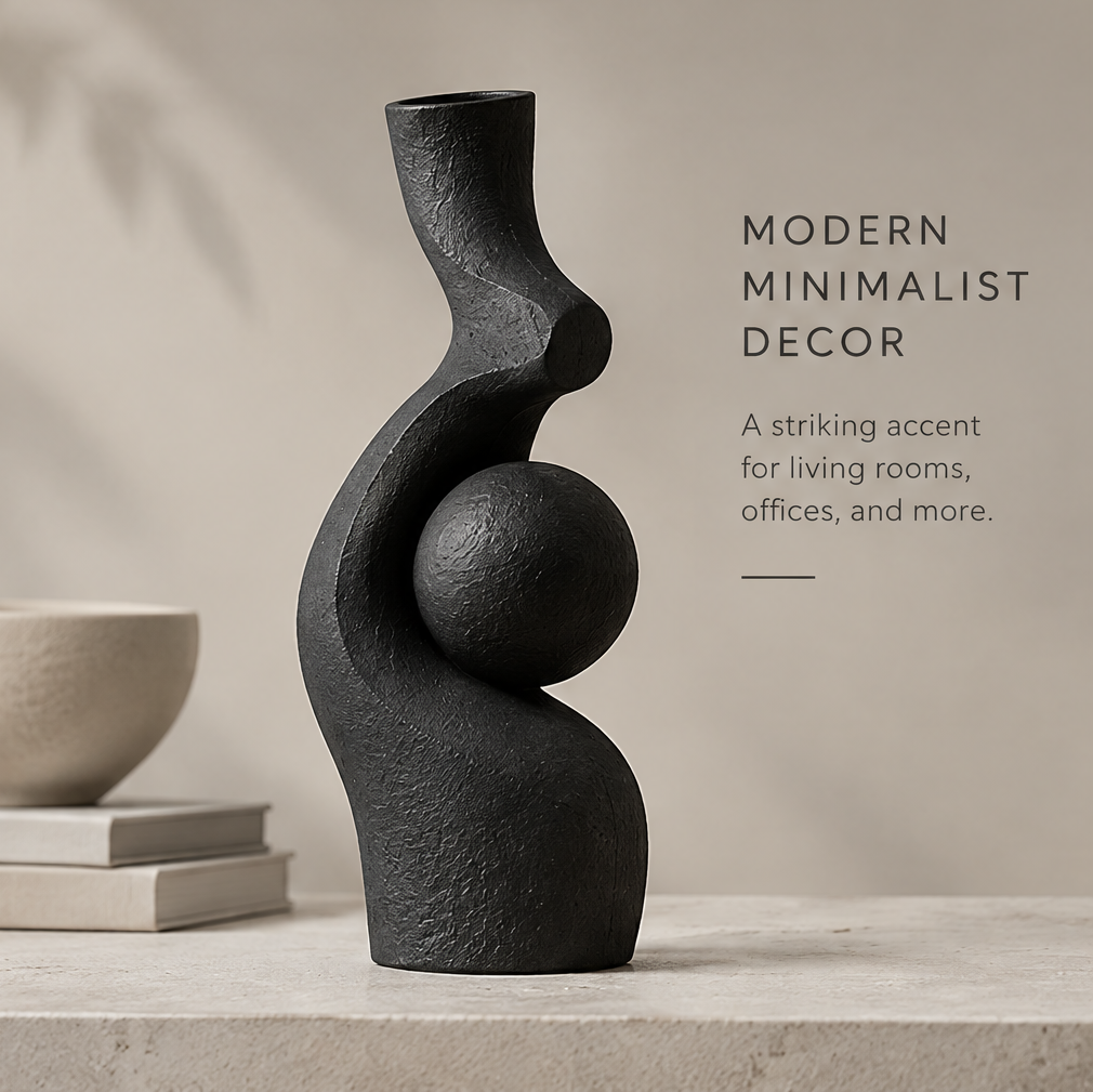 Sculptural design neck detail of the matte black orb vase showing modern aesthetic, unique silhouette, and perfect for home and office icons