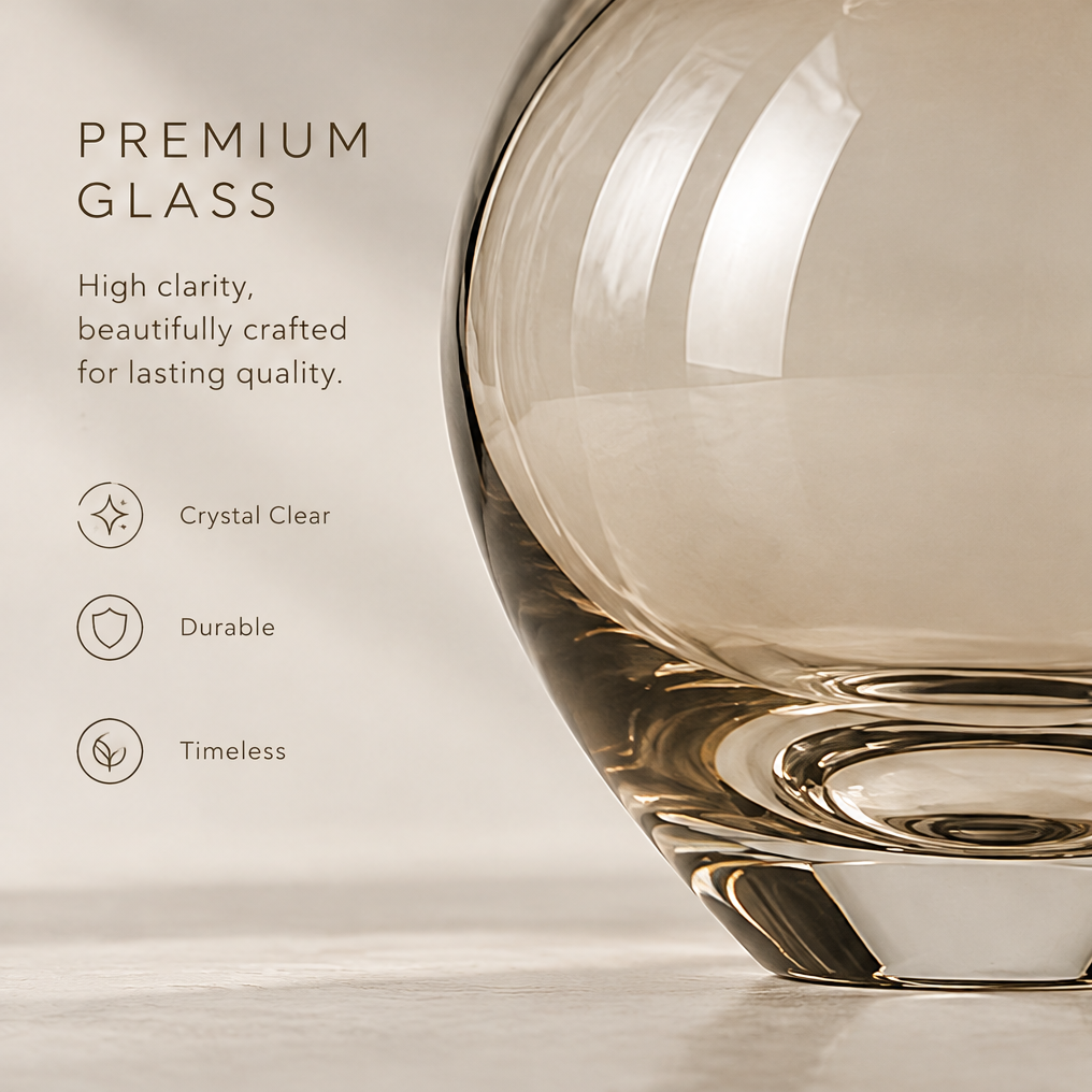 Crafted details close-up of the amber glass vase disc top showing durable quality, crystal clarity, and pure aesthetic icons