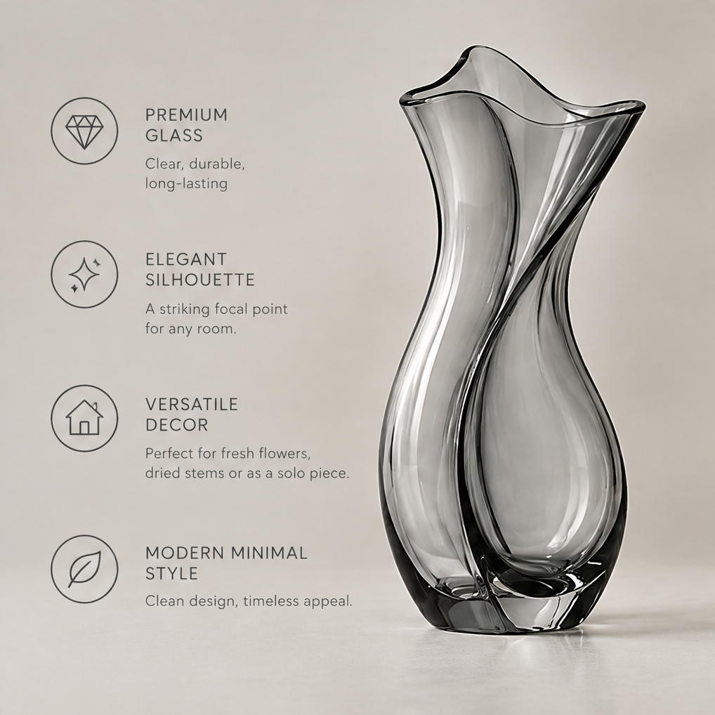 Premium glass close-up of the smoke grey glass tulip vase opening showing crystal clear, smooth finish, and long lasting icons