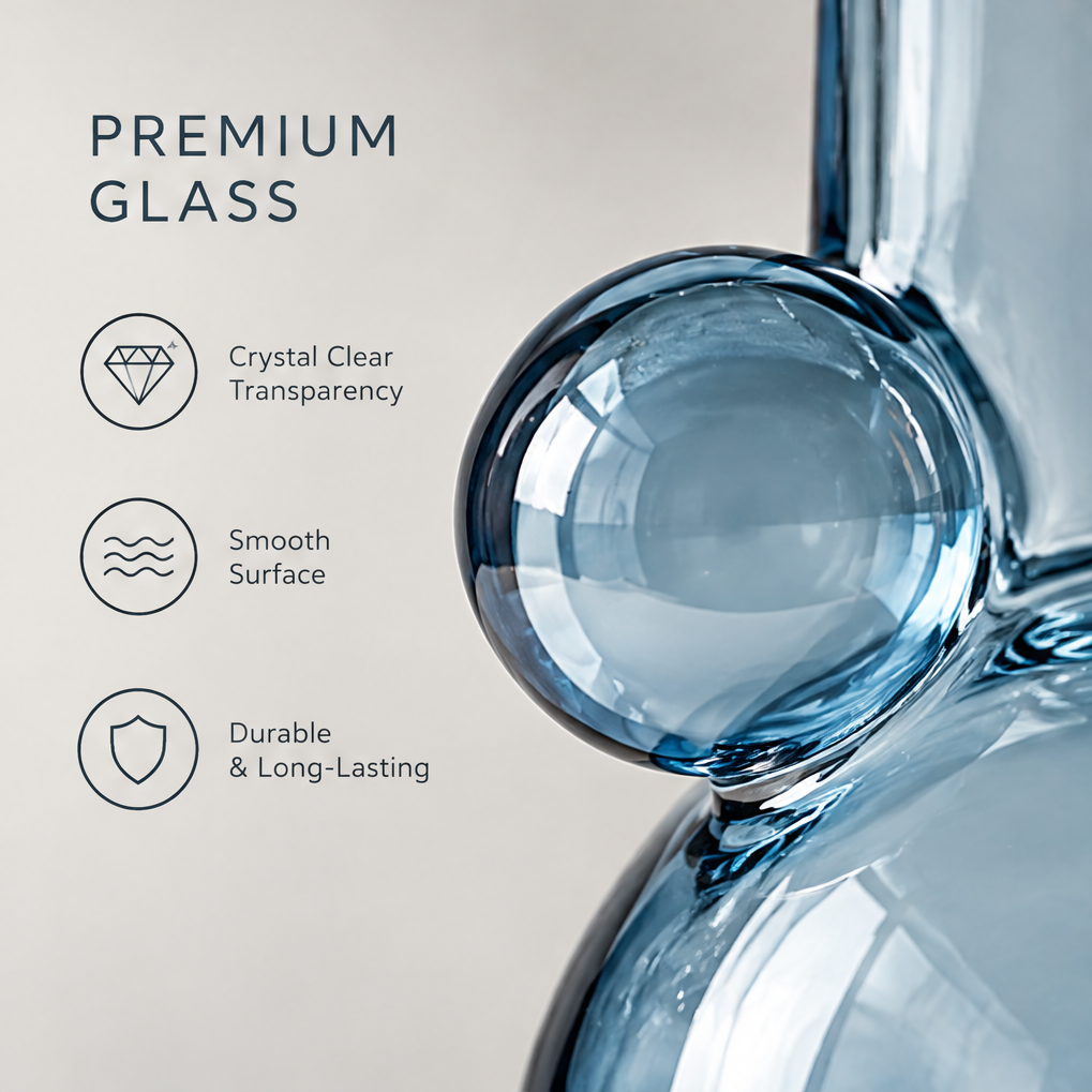 Premium glass close-up of ocean blue sphere vase showing attached decorative ball with crystal clear transparency, smooth surface, and durable long-lasting icons