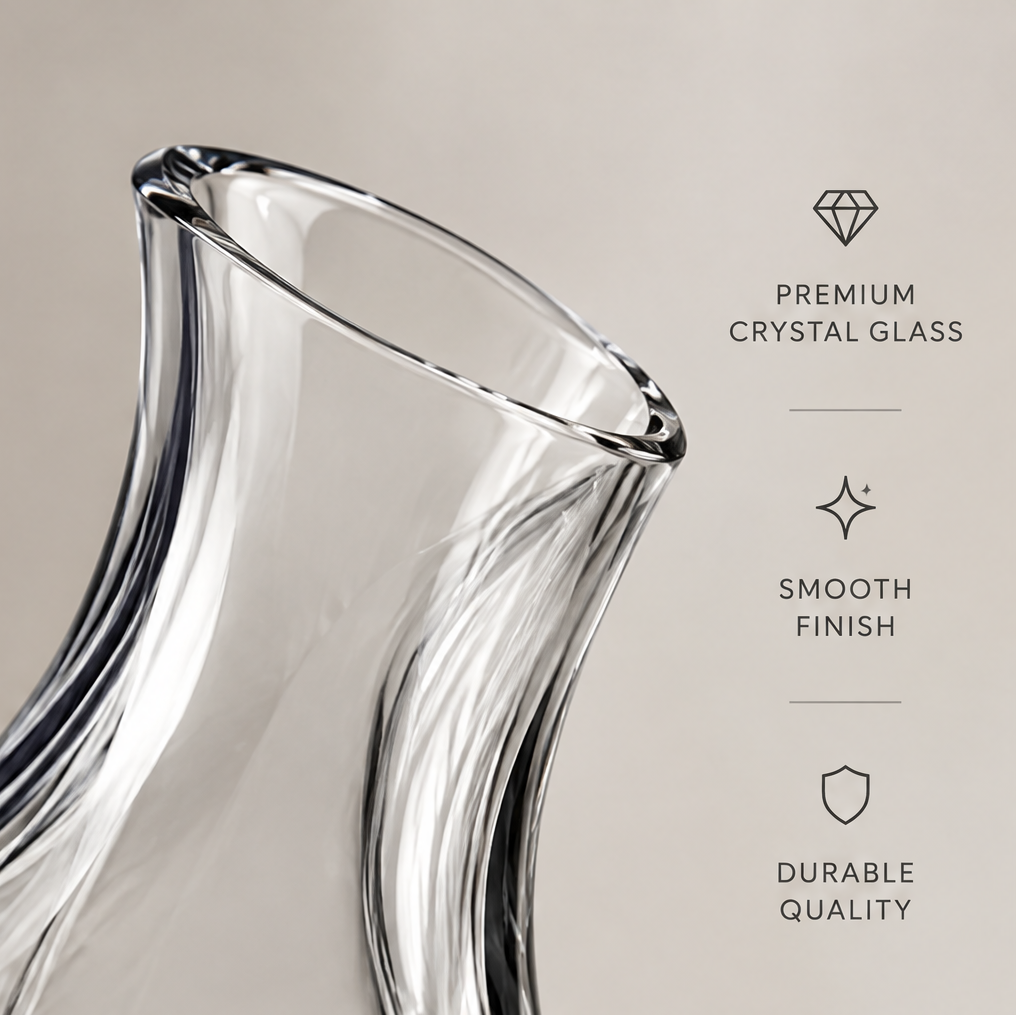 Premium crystal glass close-up of wave vase opening showing smooth finish, premium crystal glass, and durable quality icons