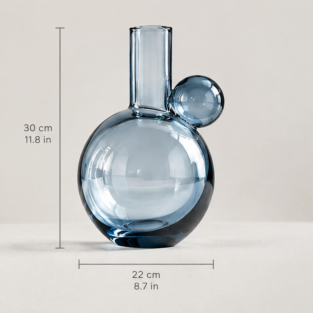 Four view panel of ocean blue glass orb sphere vase showing front view, three quarter view, side view, and top view with timeless design versatile decor and suits any space icons