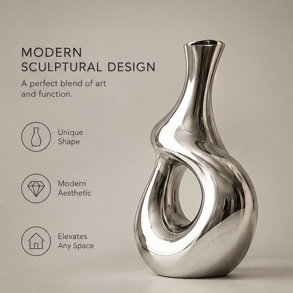 Modern sculptural design full view of mirror silver hollow vase showing unique shape, modern aesthetic, and elevates any space icons