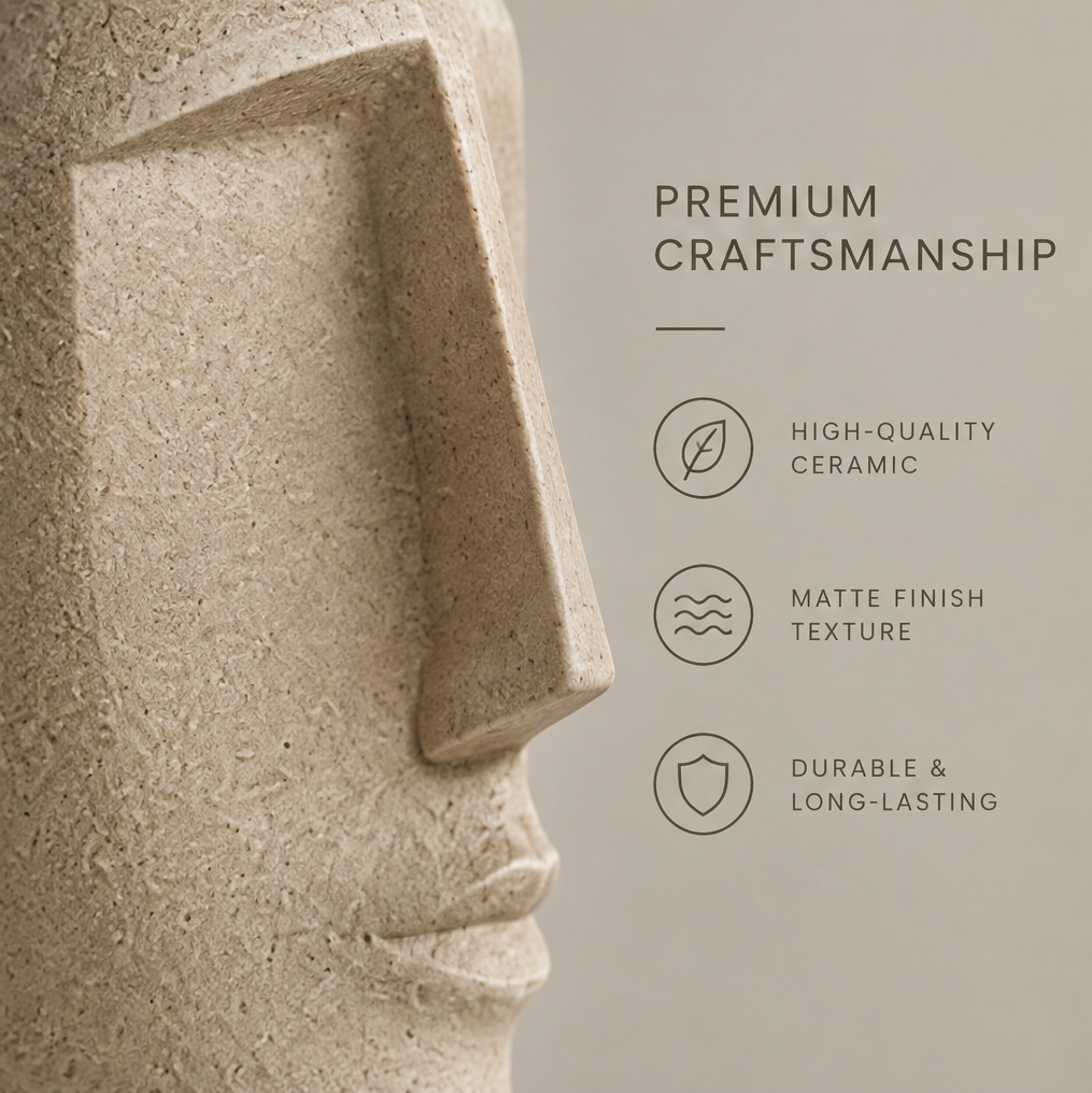 Unique face design full product view of sandy beige ceramic face vase with unique face design, premium ceramic, and stylish for any space icons