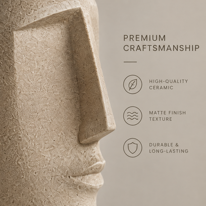 Unique face design full product view of sandy beige ceramic face vase with unique face design, premium ceramic, and stylish for any space icons