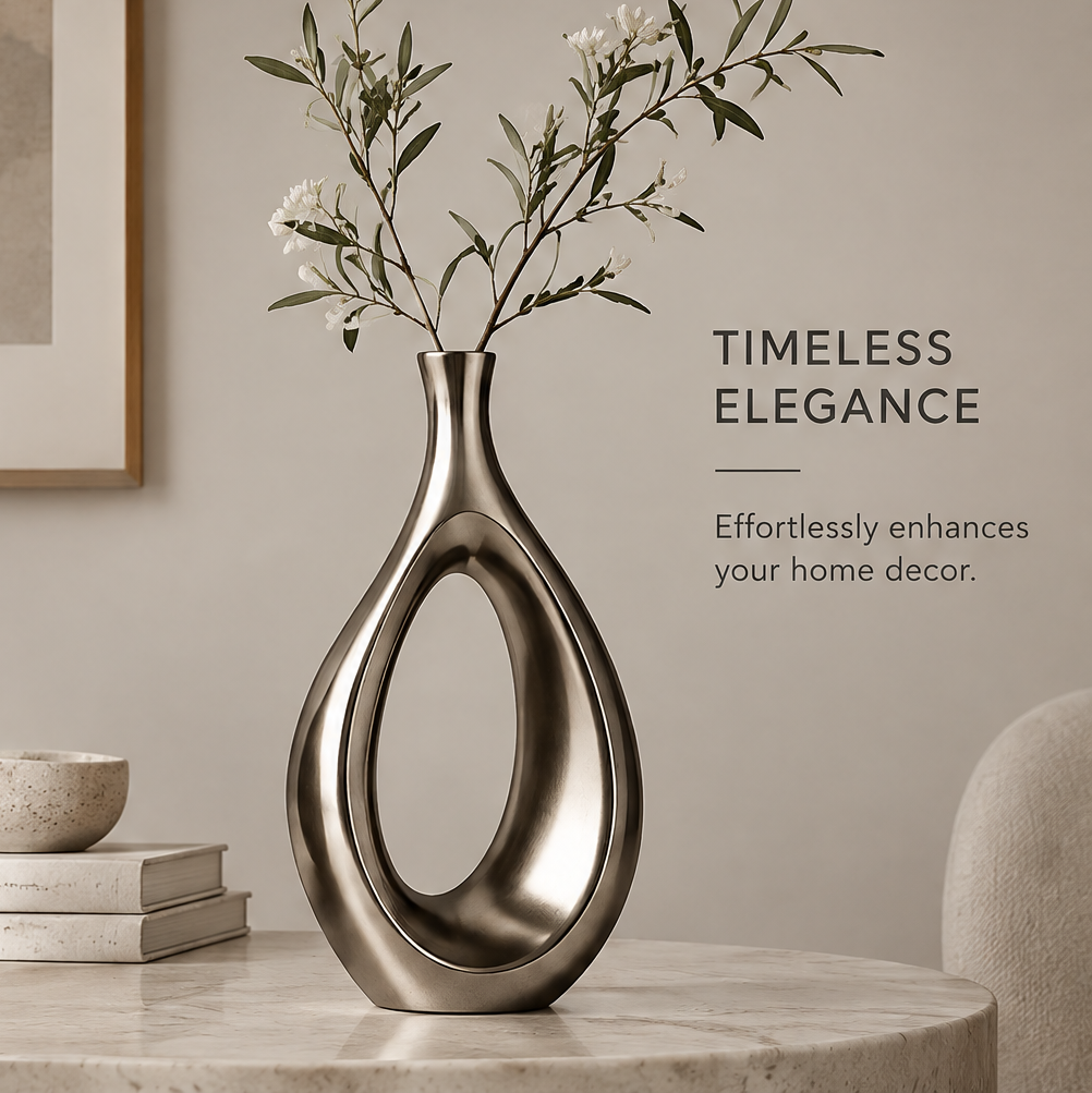 Modern sculptural design full view of brushed pewter hollow vase as a striking centerpiece for any space