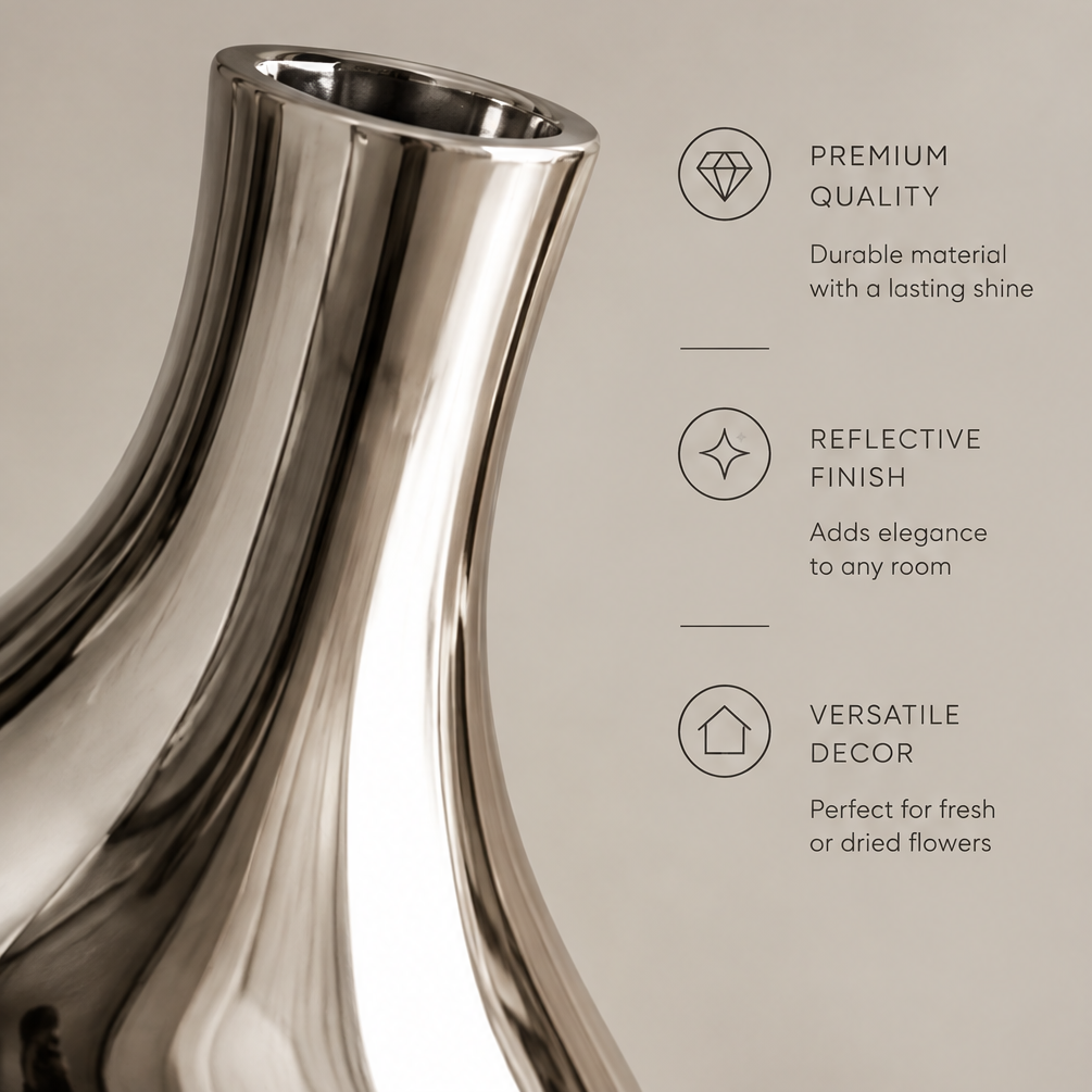 Close-up of the wave-shaped lower body of the silver vase highlighting premium quality, durable material, and suits any interior