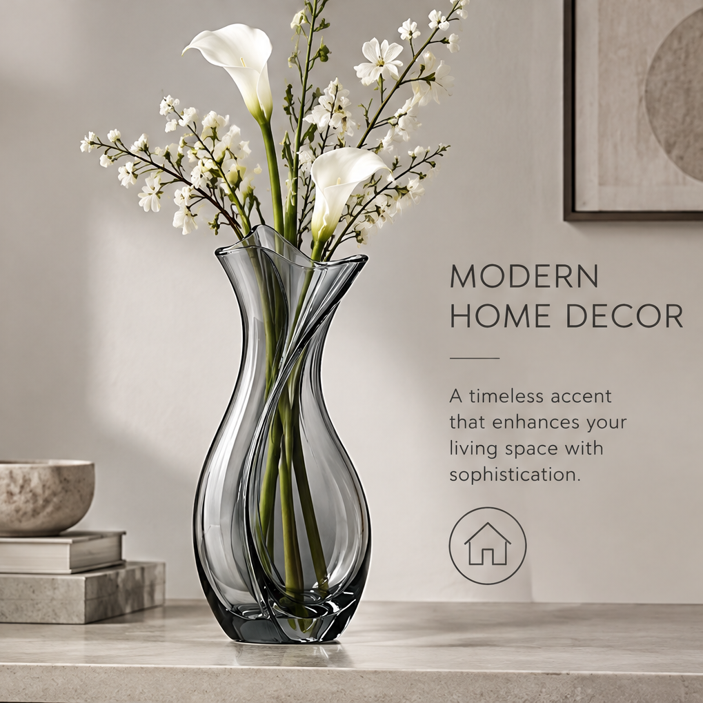 Premium glass, elegant silhouette, versatile decor, modern minimal style feature icons beside smoke grey glass tulip vase