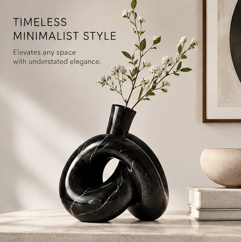 Close-up of the black marble knot vase body showing sculptural design and modern art piece that elevates any space