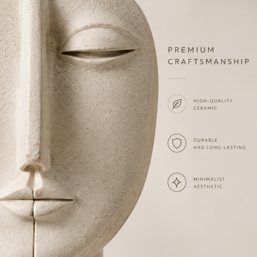 Premium craftsmanship close-up of abstract face vase showing high-quality ceramic, durable and long-lasting, minimalist aesthetic icons