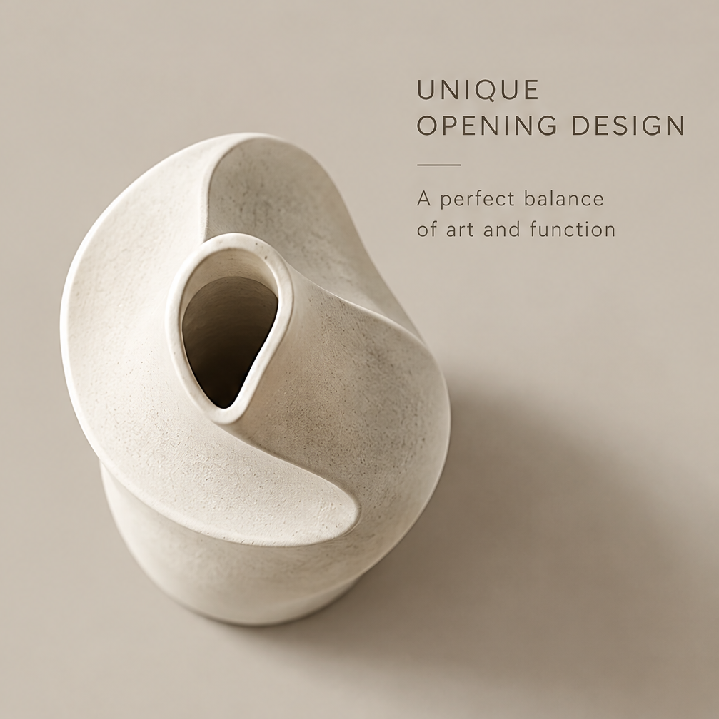 Artistic design close-up of matte white ceramic wave vase showing sculptural curves that bring art and elegance to any space
