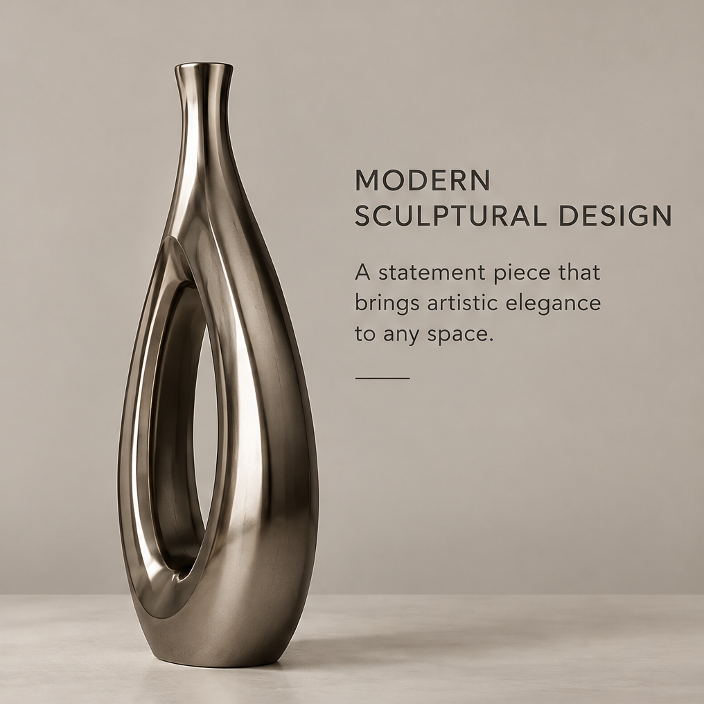 Full product view of brushed pewter sculptural vase showing modern sculptural design that brings artistic elegance to any space