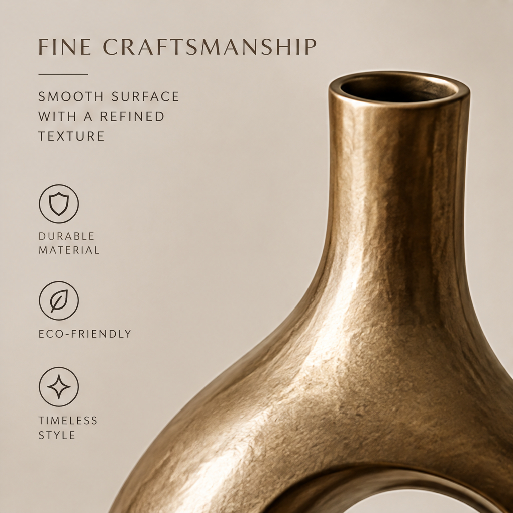 Fine craftsmanship detail shot showing smooth surface, durable material, eco-friendly finish, and timeless style of the gold vase