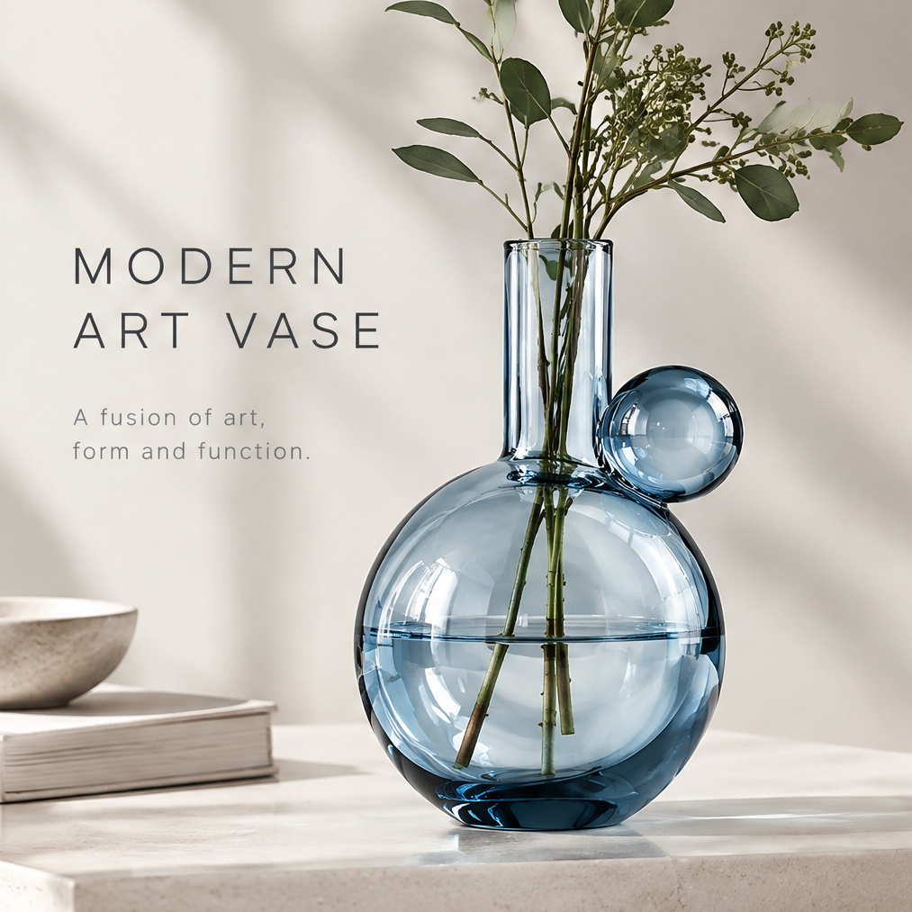 Modern art vase view of ocean blue glass orb and sphere vase with eucalyptus branches showing fusion of art form and function