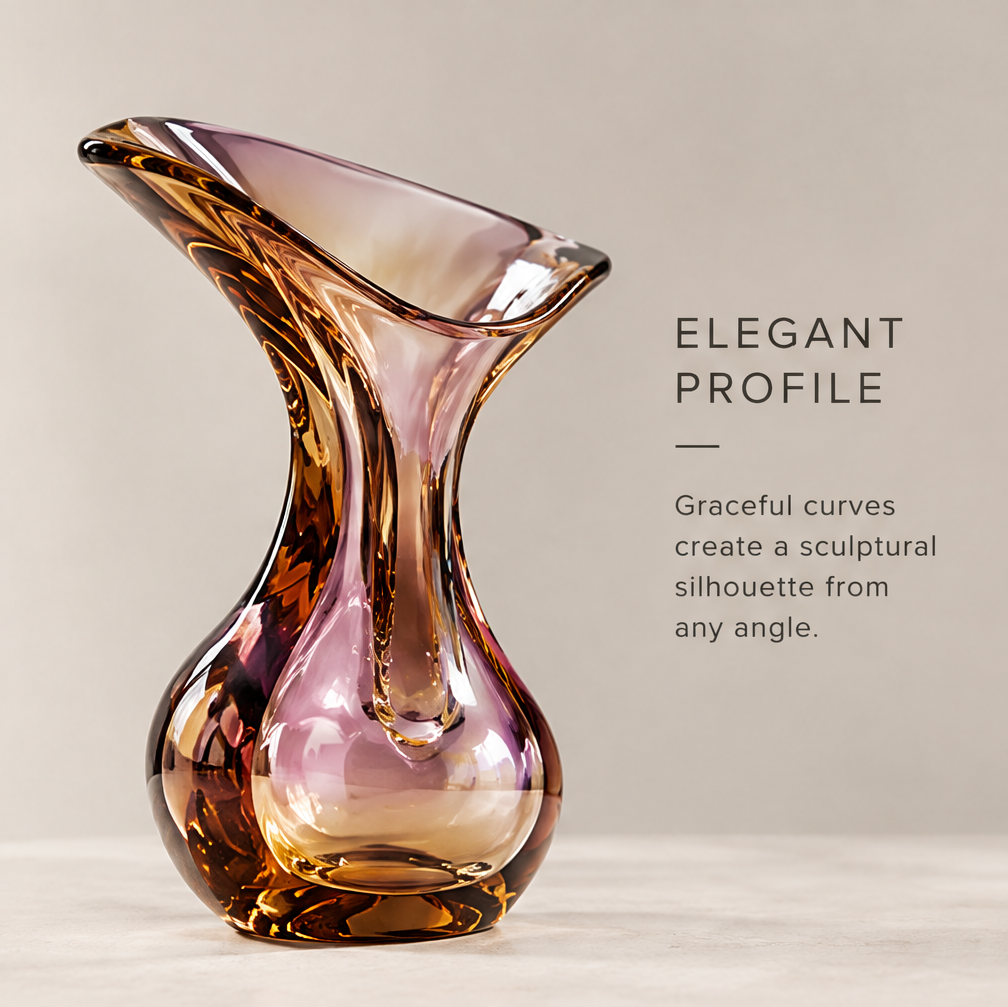 Elegant profile view of amber violet handcrafted glass flared vase showing graceful curves creating a sculptural silhouette from any angle