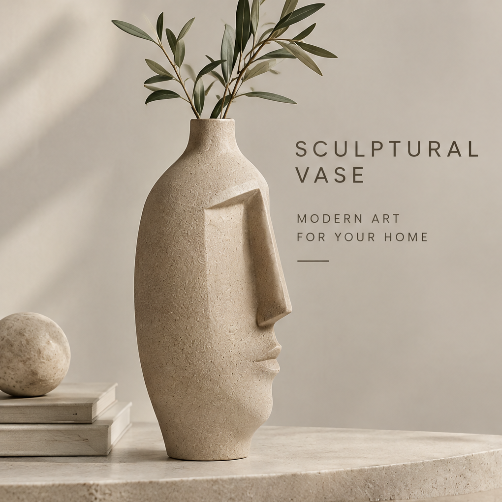 Modern sculptural vase view of the sandy beige side profile face vase showing art meets everyday living alongside dried botanical stems