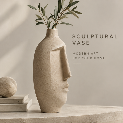 Modern sculptural vase view of the sandy beige side profile face vase showing art meets everyday living alongside dried botanical stems