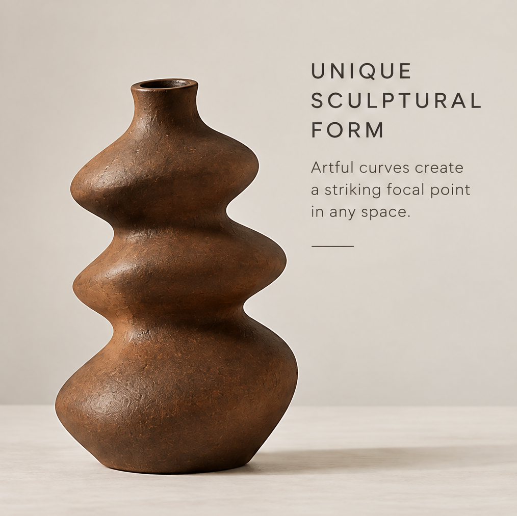 Earthy brown sculptural ripple vase with dried baby's breath displayed on a stone console in warm natural light