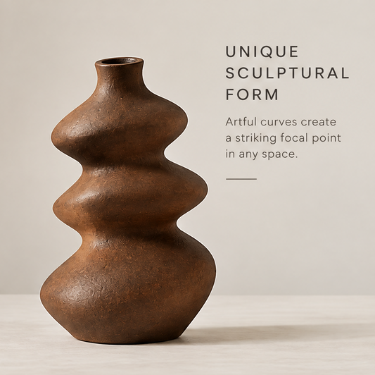 Earthy brown sculptural ripple vase with dried baby's breath displayed on a stone console in warm natural light