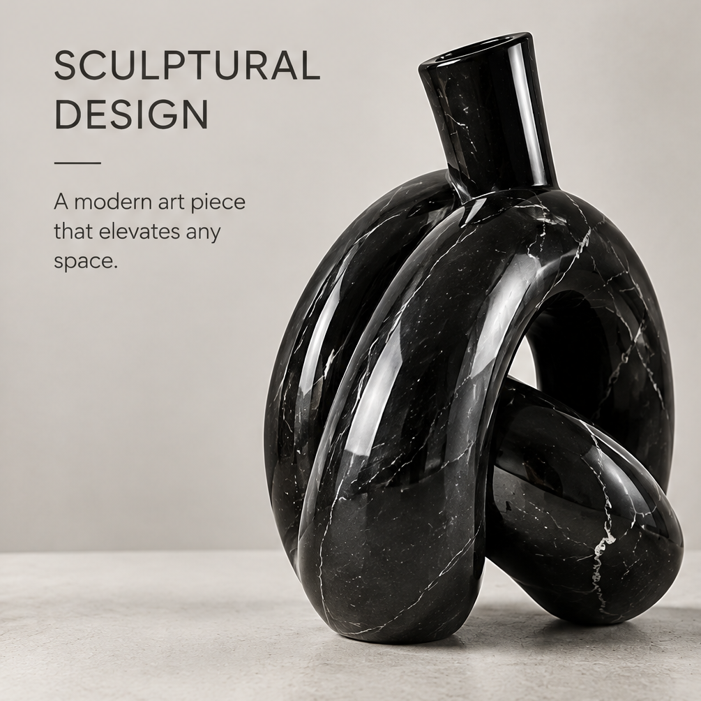 Full product view of black marble sculptural design knot vase showing striking blend of art and function