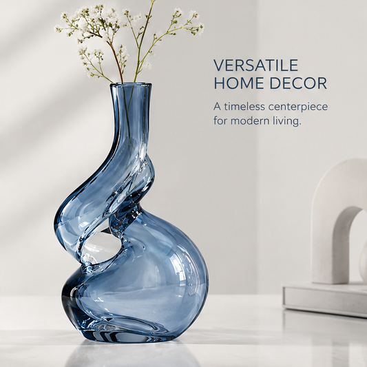 Versatile home decor view of ocean blue glass twist knot vase with dried baby's breath showing timeless centerpiece for modern living