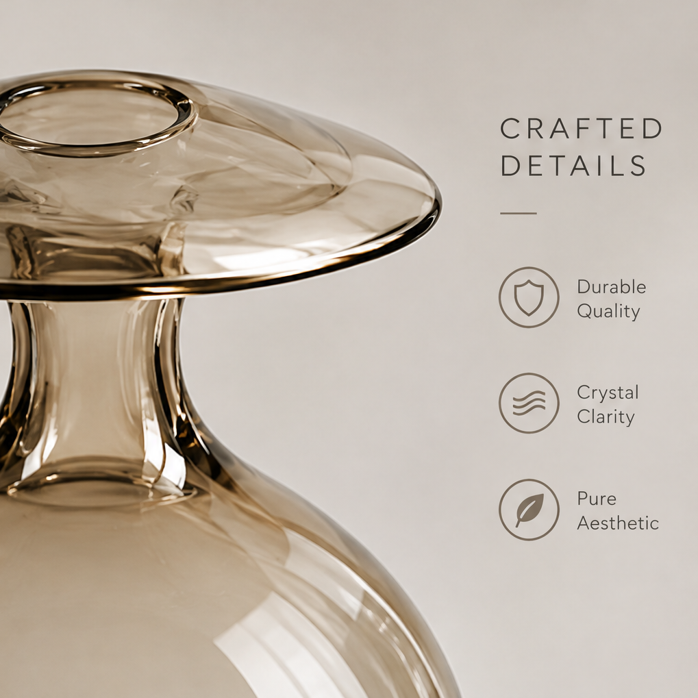 Elegant form view of the amber glass orb vase showing premium glass, smooth finish, and timeless design icons