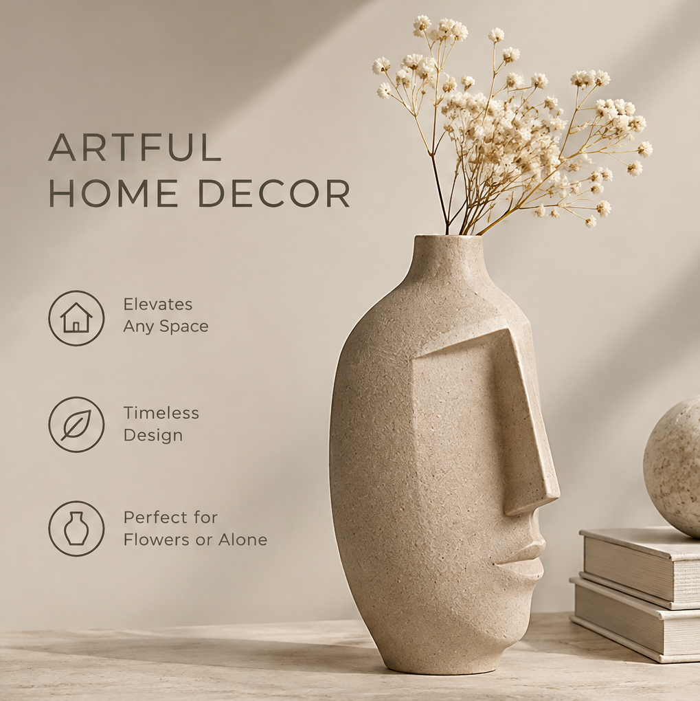 Artful home decor view of the sandy beige face vase with baby's breath dried flowers beside books and a stone sphere