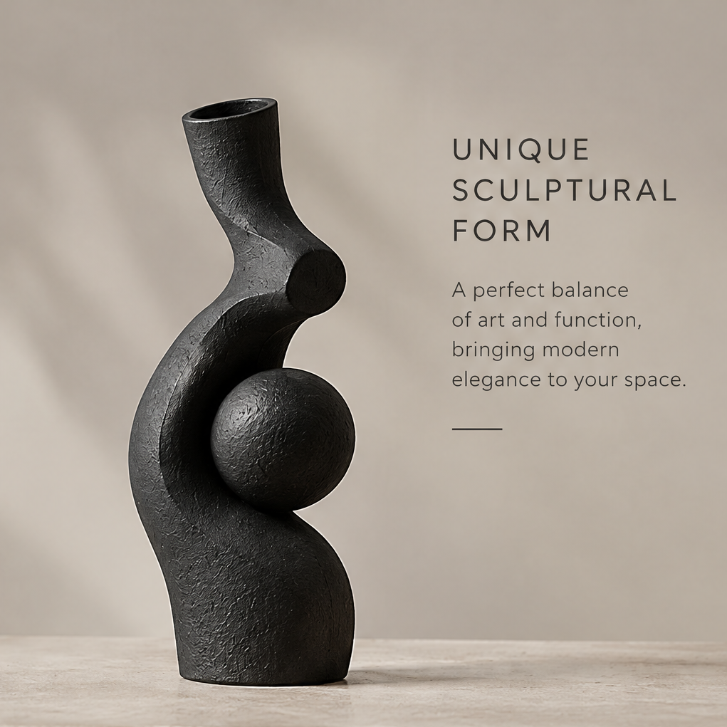 Premium craftsmanship close-up of the black textured orb vase showing textured surface, durable material, and eco-friendly choice icons