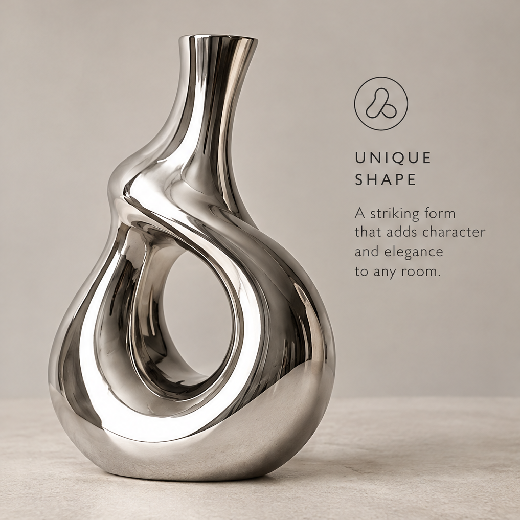 Unique shape mirror silver sculptural hollow vase showing striking form that adds character and elegance to any room