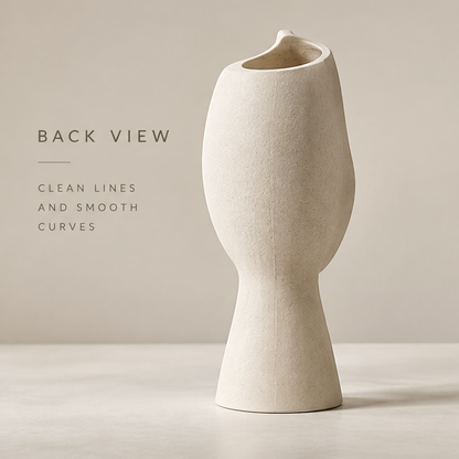 Back view of the abstract face vase showing clean lines and smooth curves of the matte white ceramic form