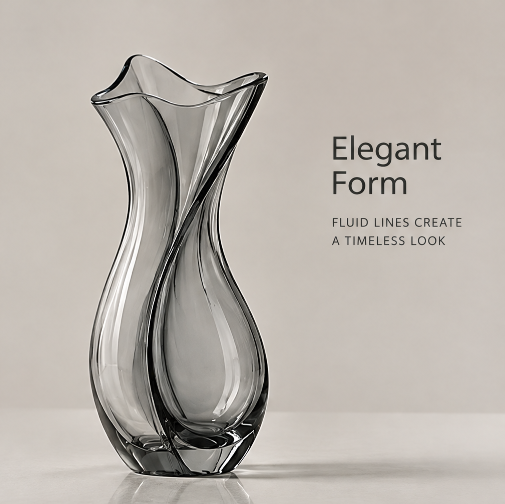 Elegant form full product view of smoke grey glass tulip vase showing fluid lines that create a timeless look