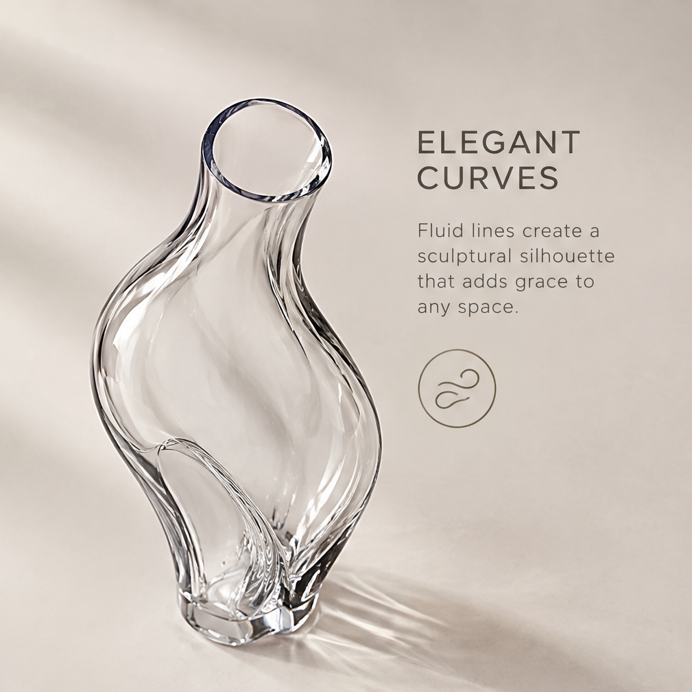 Elegant curves close-up of clear crystal glass wave vase showing fluid lines that create a sculptural silhouette adding grace to any space