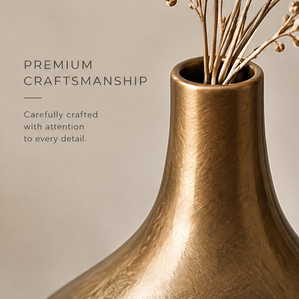 Close-up of the unique hollow sculptural design of the champagne gold vase showing the open-oval cutout and smooth surface