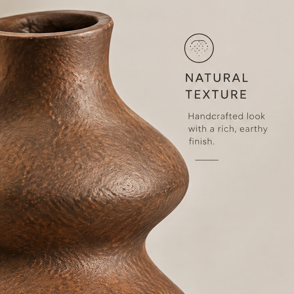 Sculptural design full view of earthy brown ripple vase showing unique shape, natural ceramic, and versatile decor icons