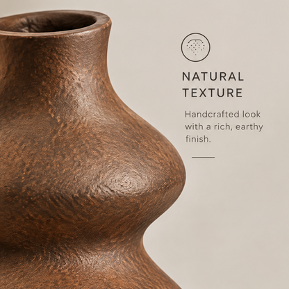Sculptural design full view of earthy brown ripple vase showing unique shape, natural ceramic, and versatile decor icons