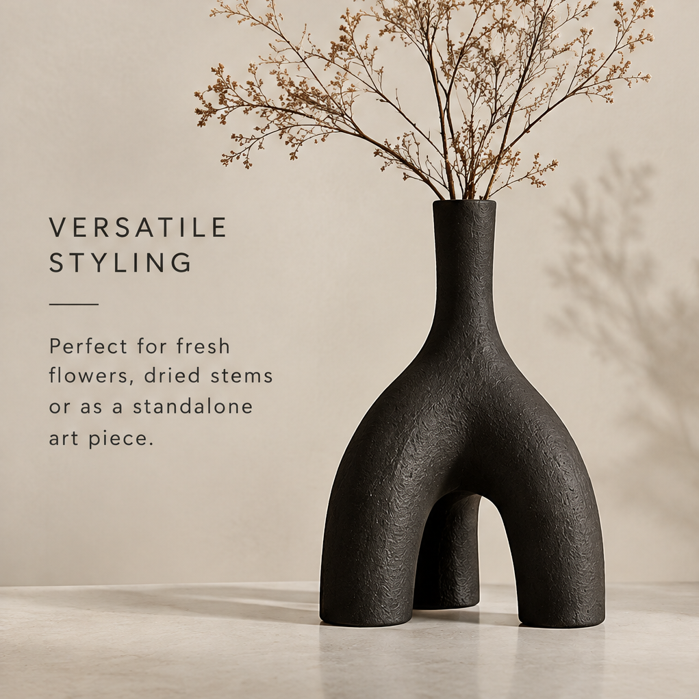 Black sculptural ceramic vase — premium craftsmanship, textured surface with timeless appeal