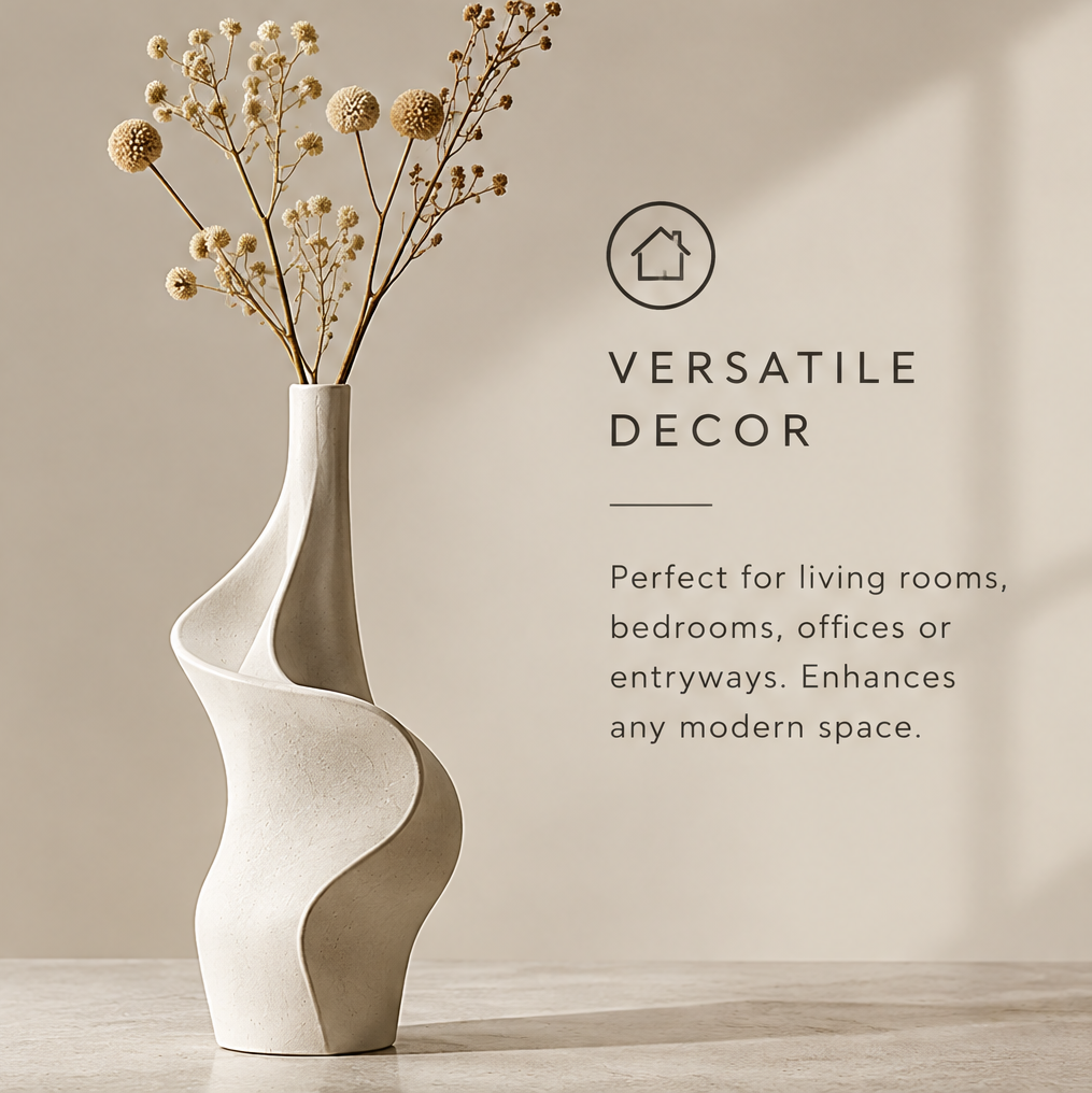 Matte white sculptural wave vase with dried baby's breath displayed on a white table in natural light showing full wave form