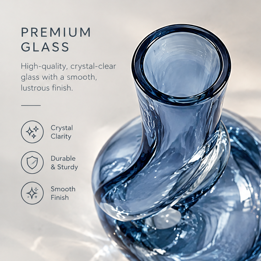 Premium glass close-up of ocean blue twist knot vase opening showing crystal clarity, durable and sturdy, and smooth finish icons