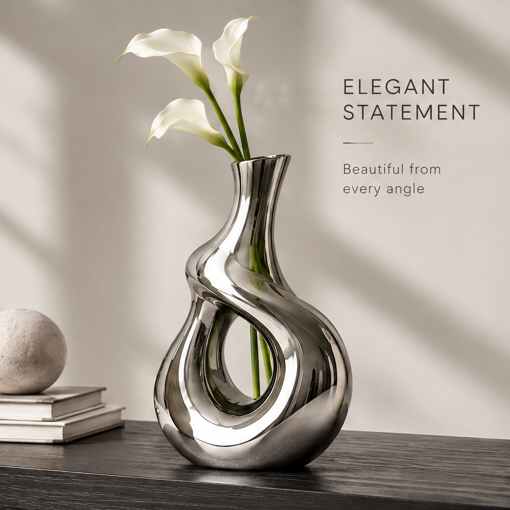 Elegant statement mirror silver vase with white calla lilies displayed on a dark wooden console beside stacked books and a stone sphere