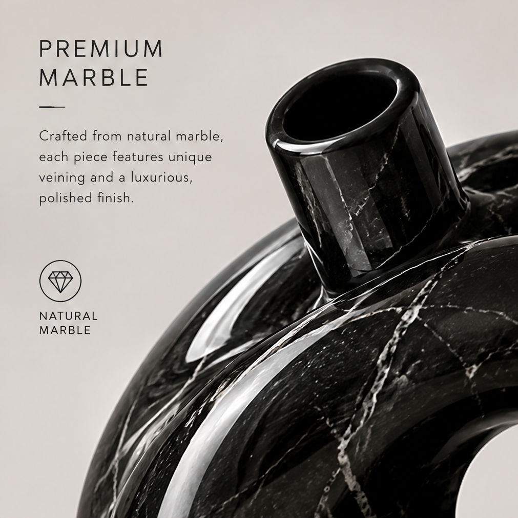 Premium marble neck detail of the black knot vase showing natural marble veining and luxurious polished finish
