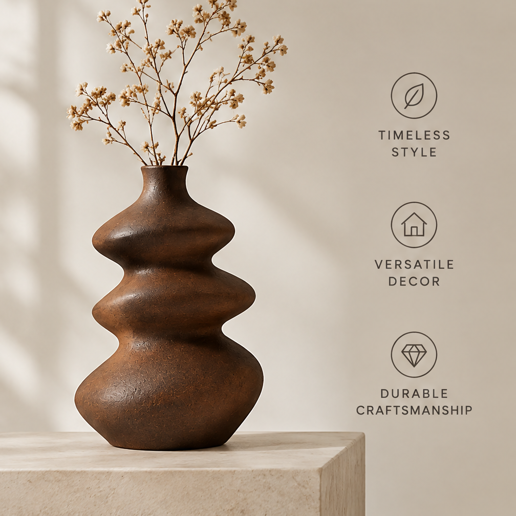 Premium craftsmanship close-up of the brown ripple vase showing natural ceramic finish with subtle texture and authentic character