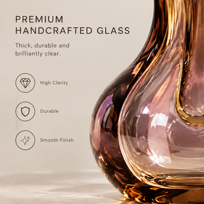 Premium handcrafted glass close-up of amber violet vase body showing high clarity, durable, and smooth finish icons