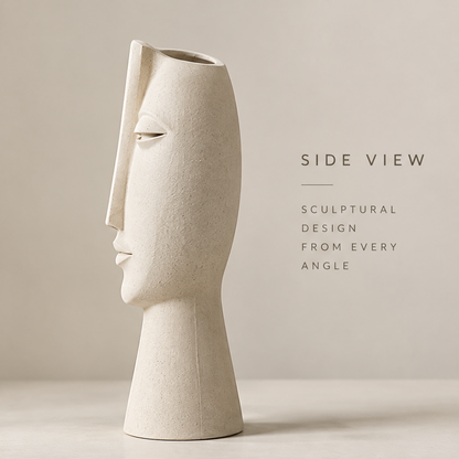 Matte white abstract face art vase full front view showing serene sculptural face with eucalyptus leaves in the background