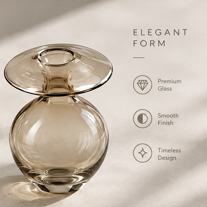 Smoky amber glass orb vase with white lisianthus flowers displayed on a marble table in warm natural light