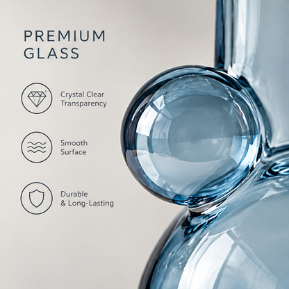 Premium glass close-up of ocean blue sphere vase showing attached decorative ball with crystal clear transparency, smooth surface, and durable long-lasting icons