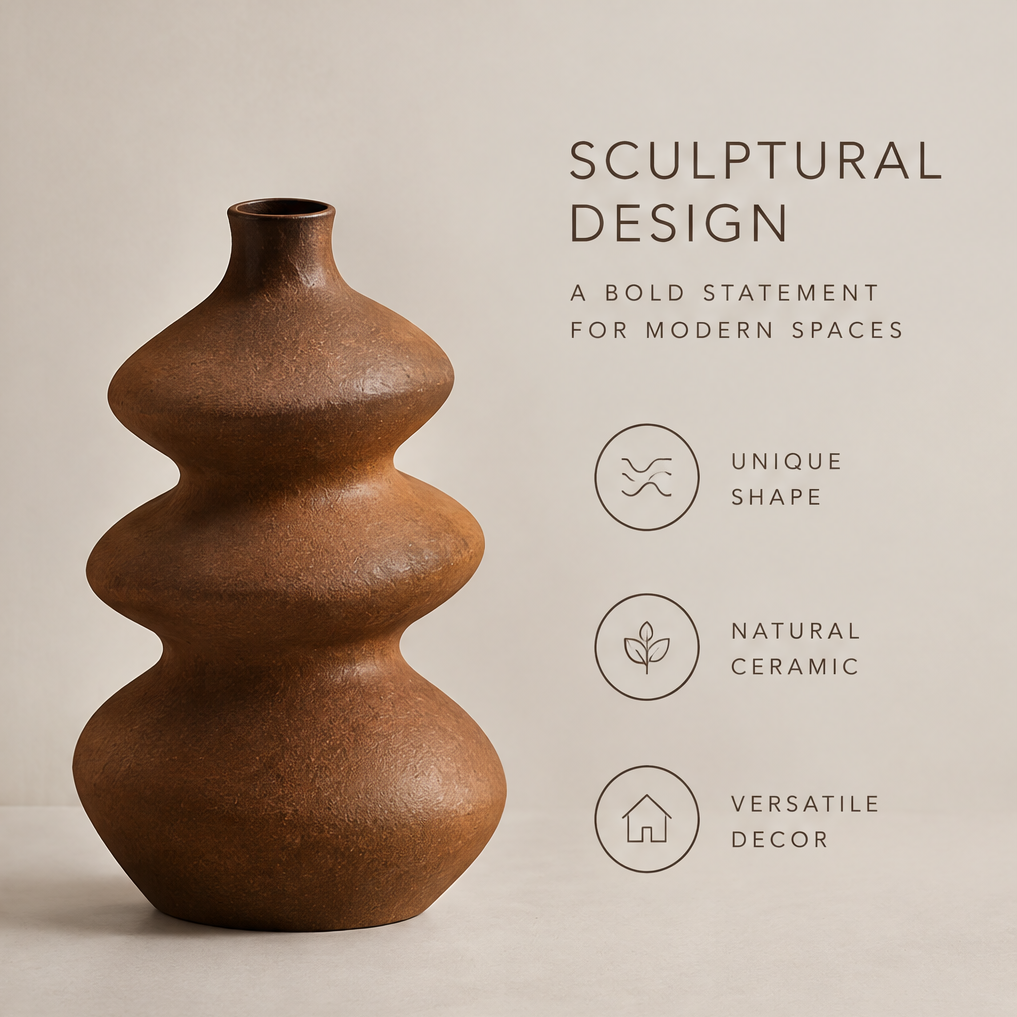 Natural texture close-up of the earthy brown ripple vase neck showing handcrafted look with rich earthy finish