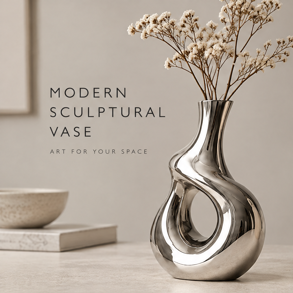 Mirror silver sculptural hollow vase with dried baby's breath displayed on a marble table beside a ceramic bowl and framed art