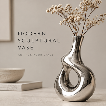 Mirror silver sculptural hollow vase with dried baby's breath displayed on a marble table beside a ceramic bowl and framed art